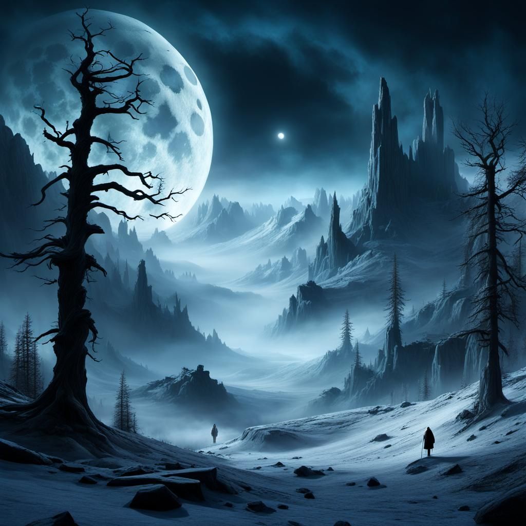 Desolate Landscape with Spectral Portal and Aurora