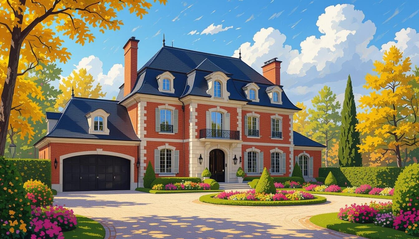 Grand Brick Chateau Amidst Vibrant Autumn Foliage