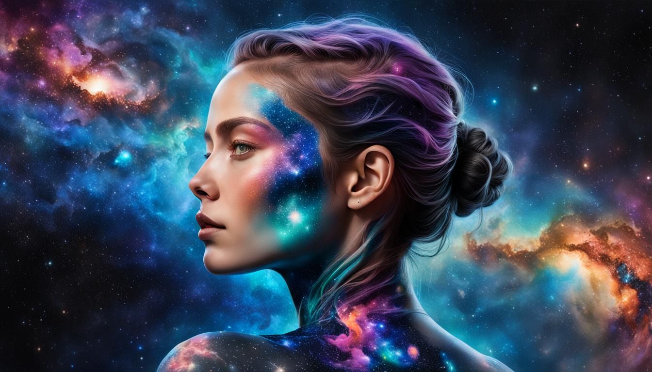 Celestial Tattoo: Woman in a Hyperrealistic Galaxy