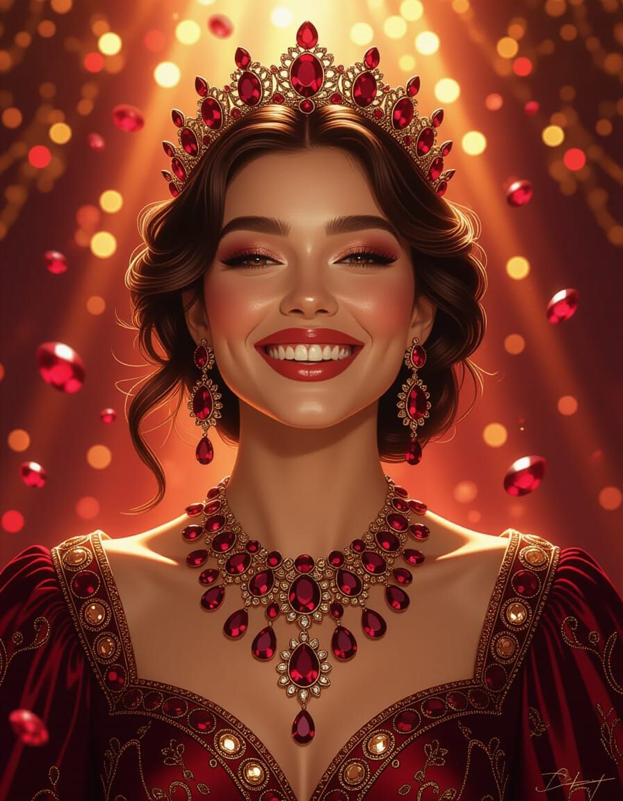 Regal Person in Ruby Jewelry Amidst Gemstones