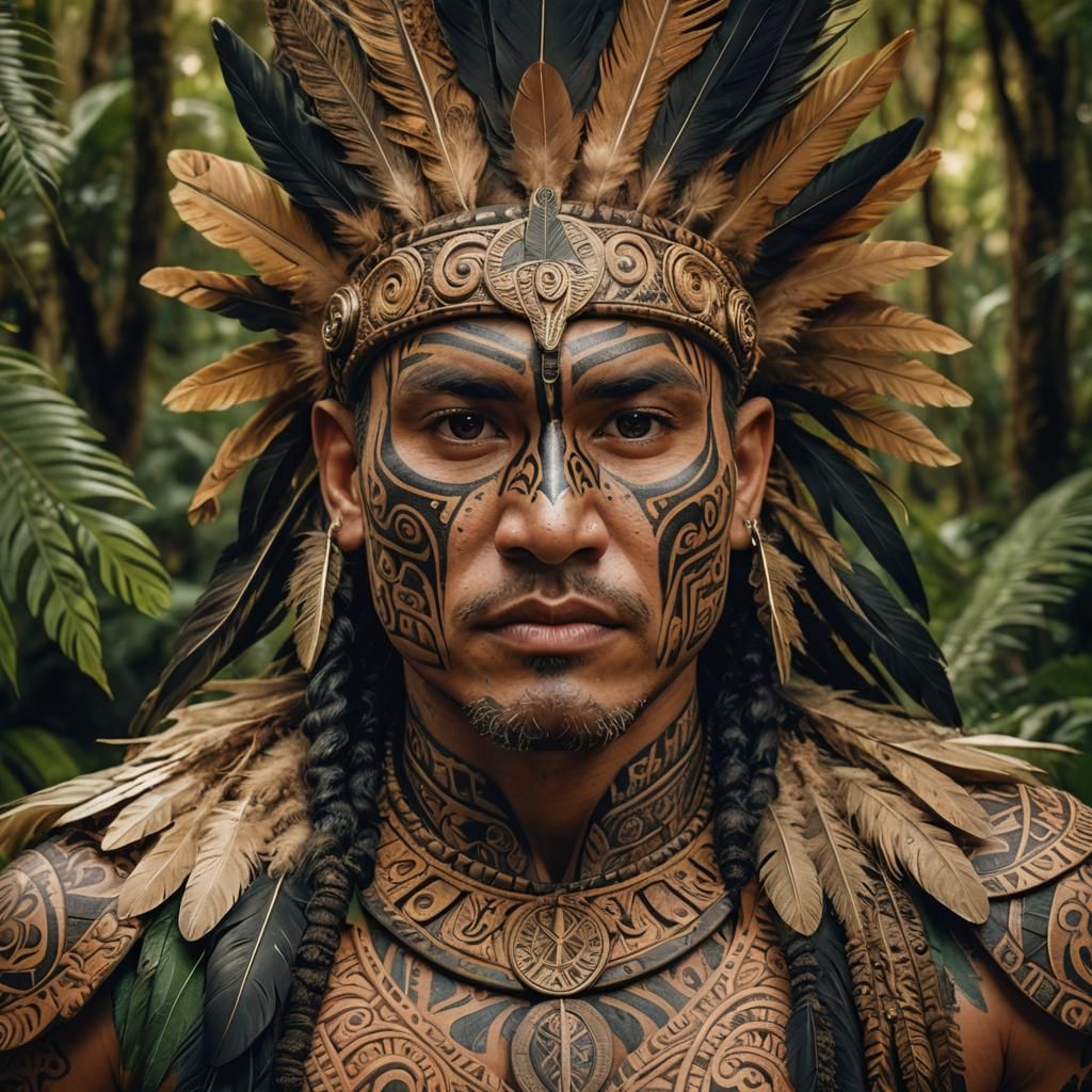 Maori Warrior Portrait with Traditional Tribal Art
