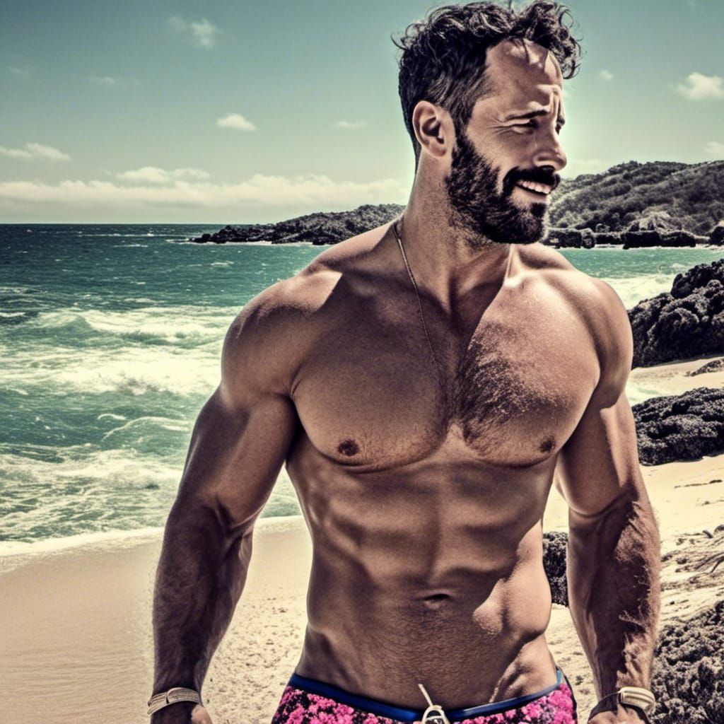 Handsome Man Walks on Beach in Hyperrealistic Style