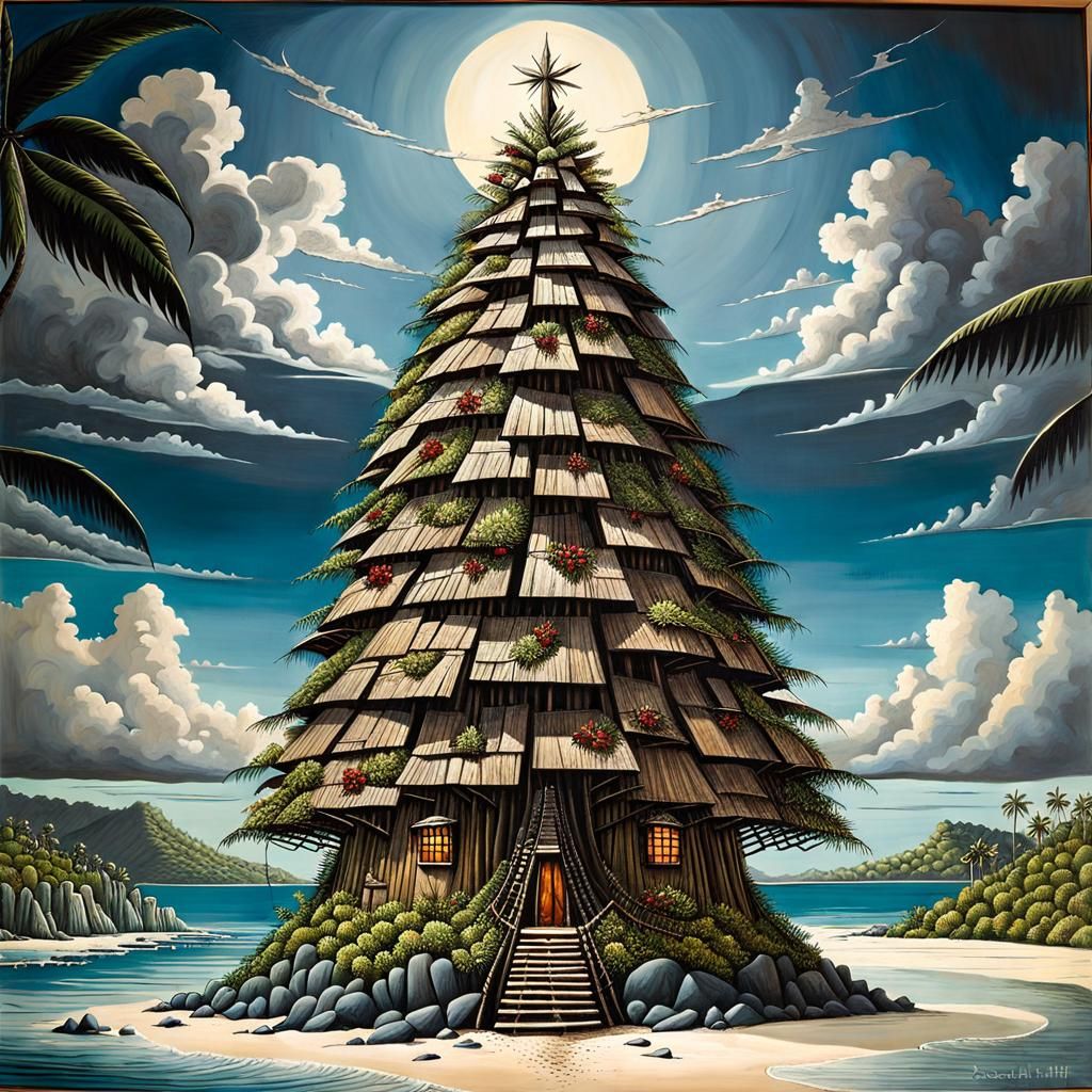 Tropical Island Christmas Tree in Surreal Style