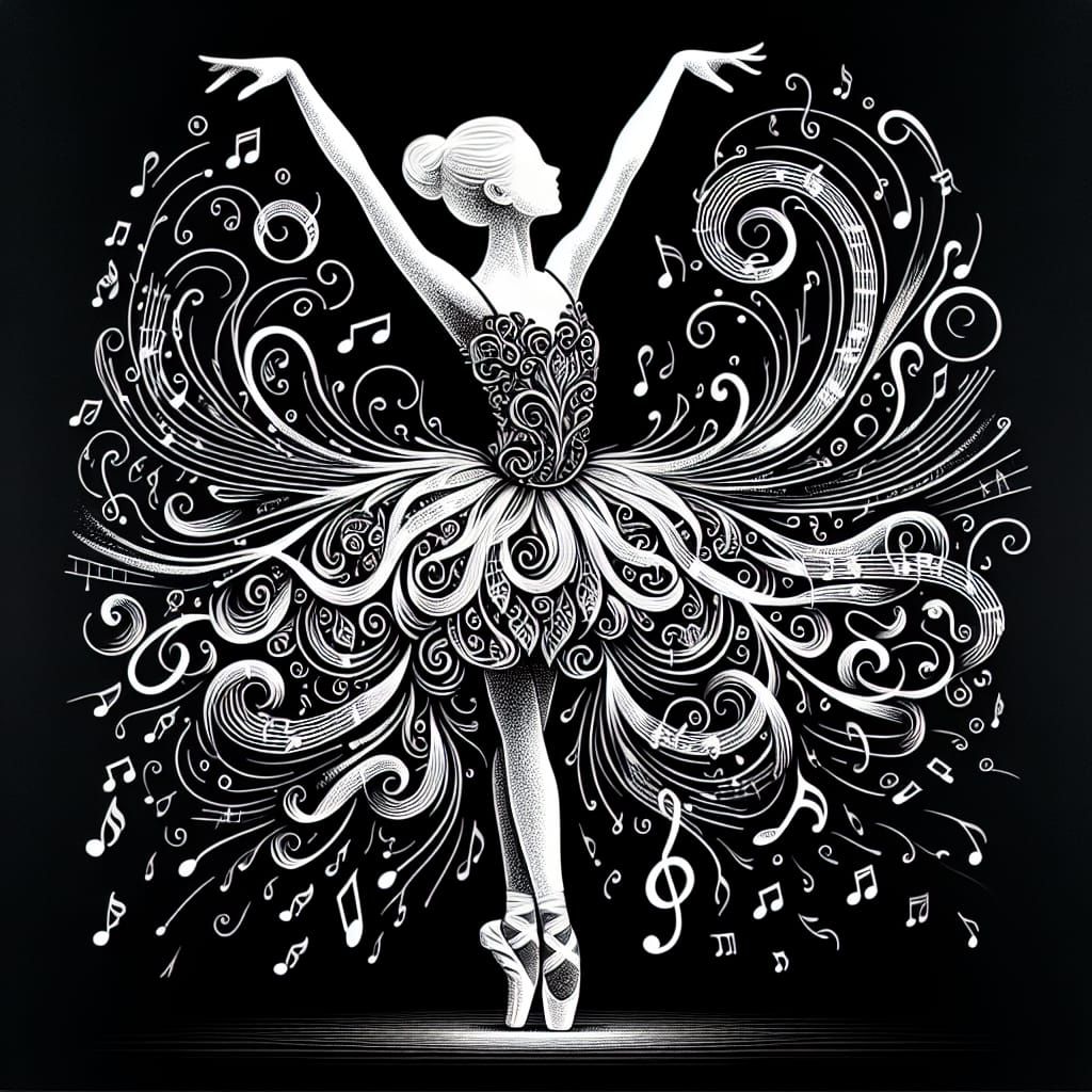 Ballerina's Musical Dance in White Line Art