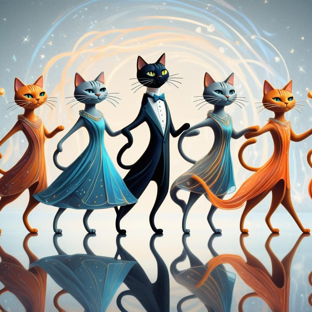 Whimsical Cat Stick Figures Dancing, Post-Impressionism