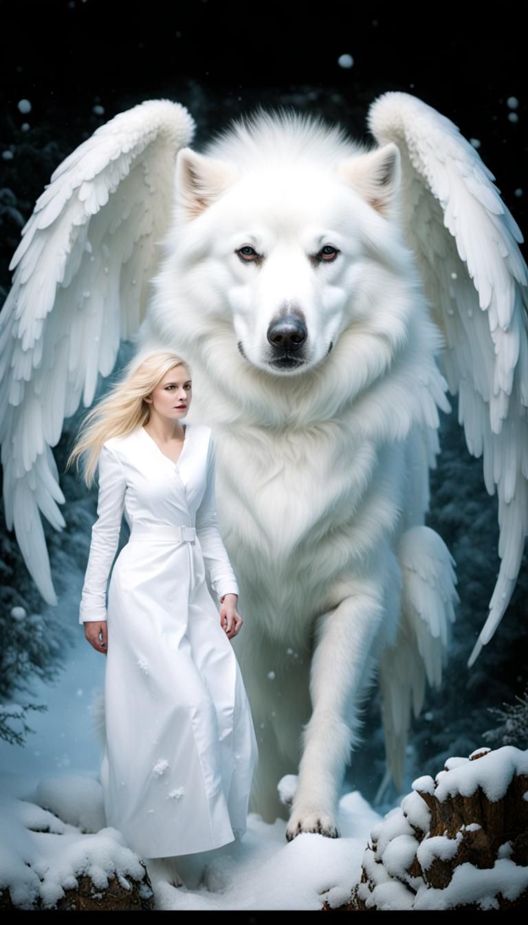 Winged Dog Shelters Woman in Snowy Scene