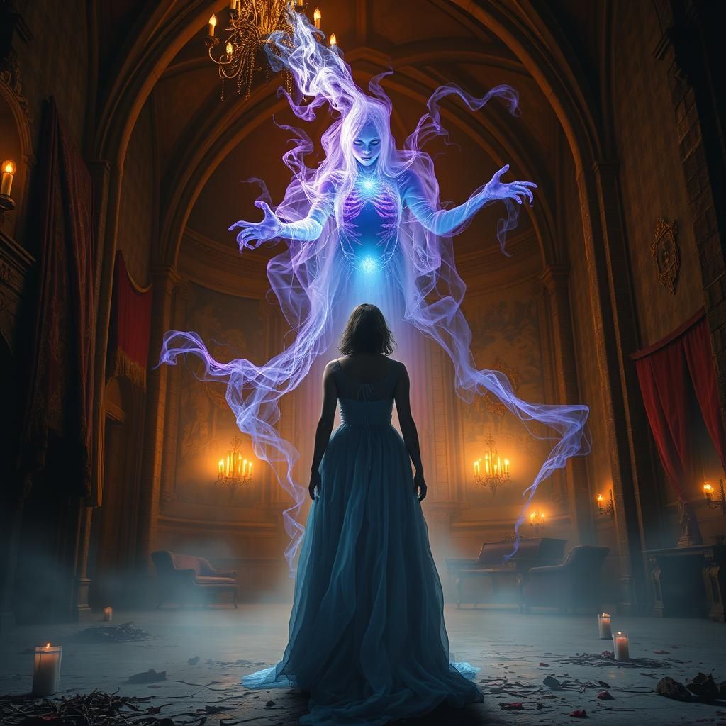 Ethereal Apparition Haunts Castle in Pablo Amaringo Style