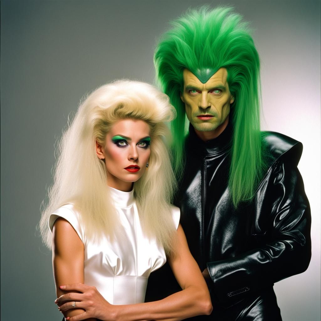 Glamorous 80s Sci-Fi Scene with Alien Woman