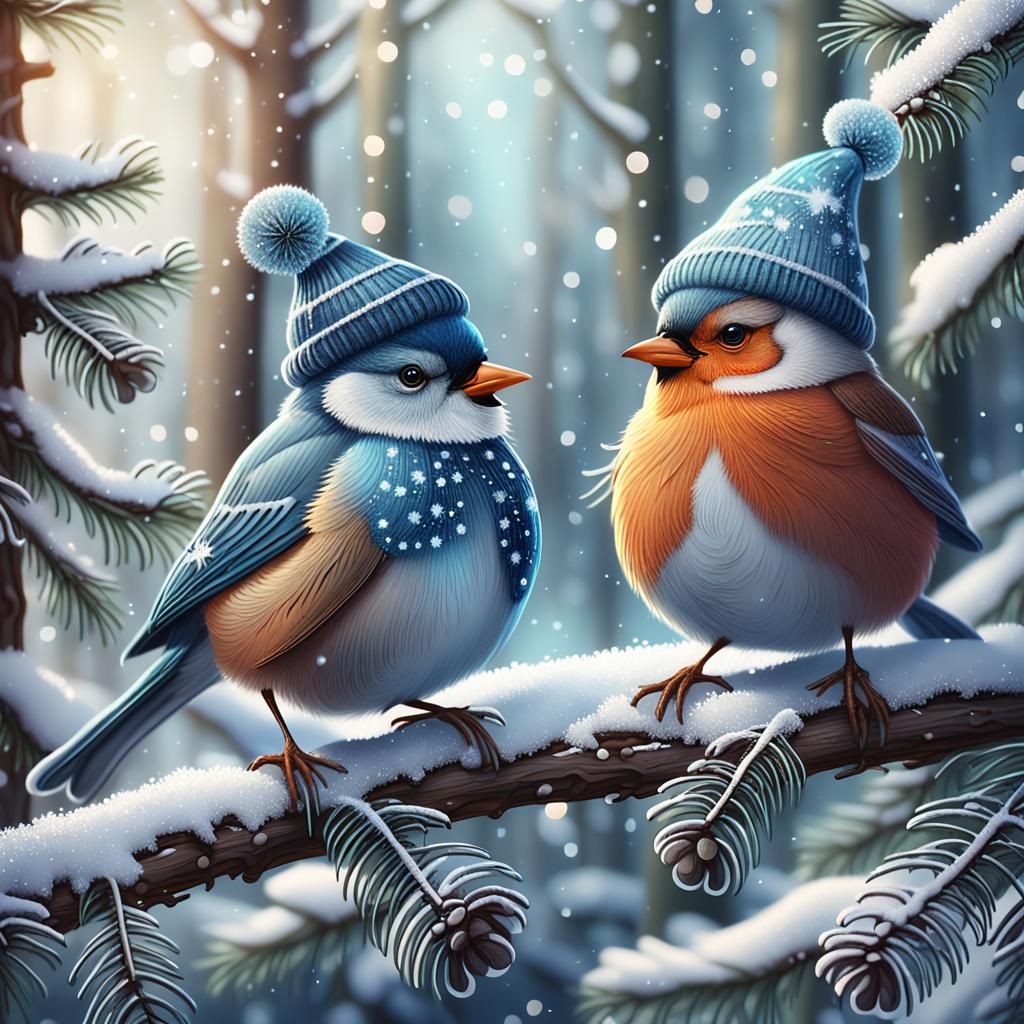 Birds in Hats: Whimsical Winter Fantasy Illustration