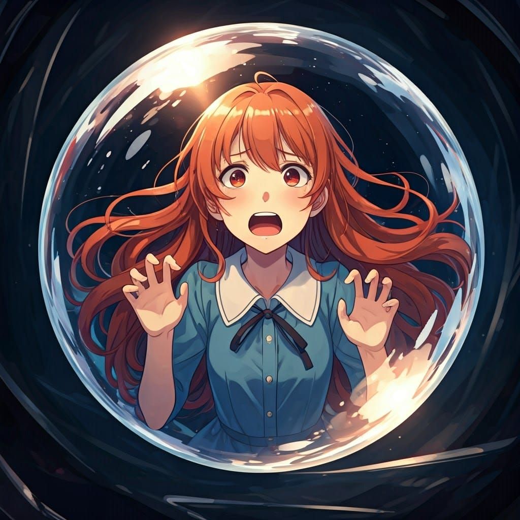 Ginger-Haired Girl Trapped in Crystal Orb, Anime Style