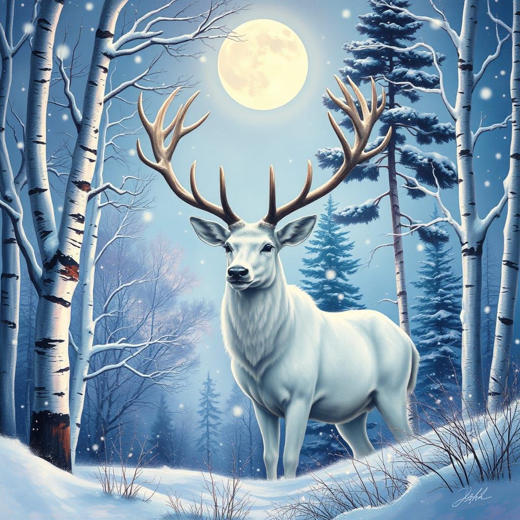 Majestic White Stag in Winter Wonderland Scene with Vibrant....