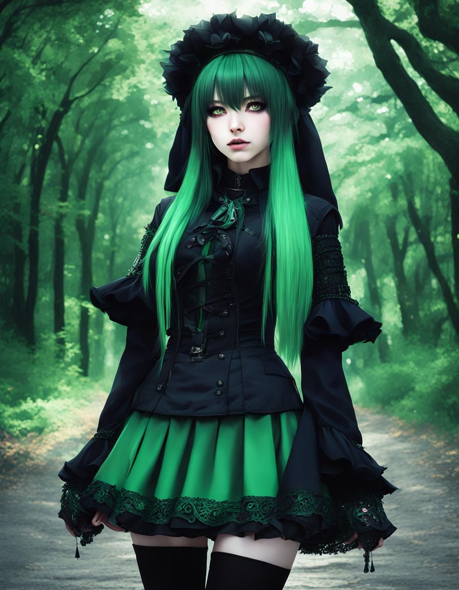 Gothic Anime Girl with Green Shadows in 8K