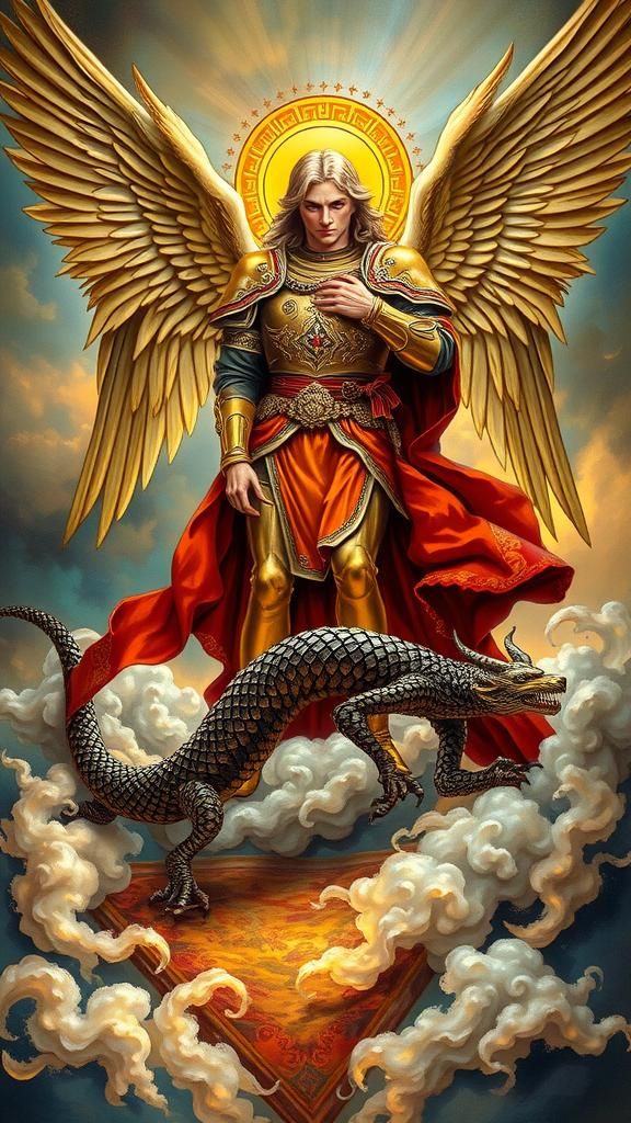 St. Michael Vanquishing Satan in Enameled Glass Style