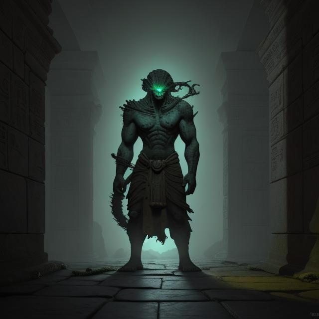 Menacing Stone Creature Guarding Ancient Hieroglyphs