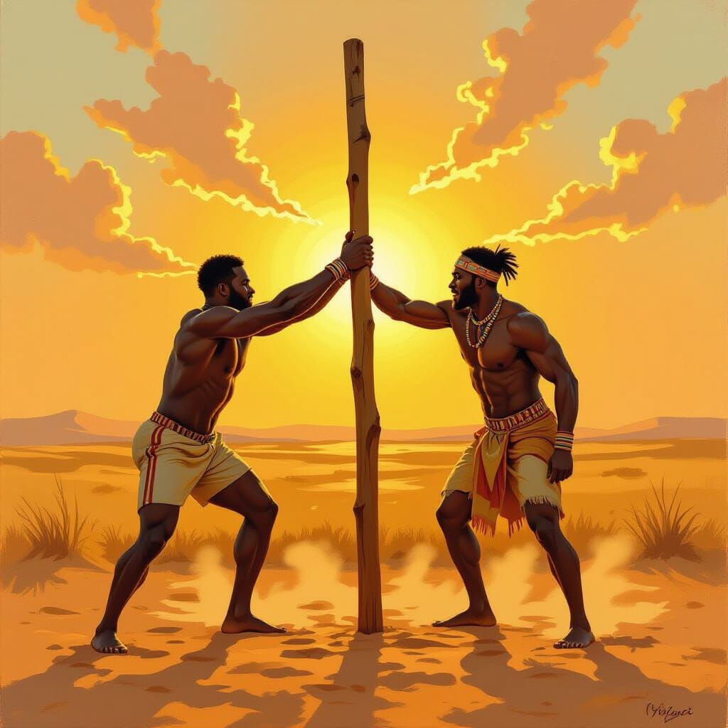 Men Working Together on Savannah in Realistic Oil Painting S...