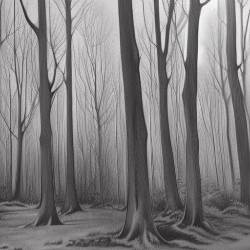 Elven Hut Among Silvery Trees: A Charcoal Drawing