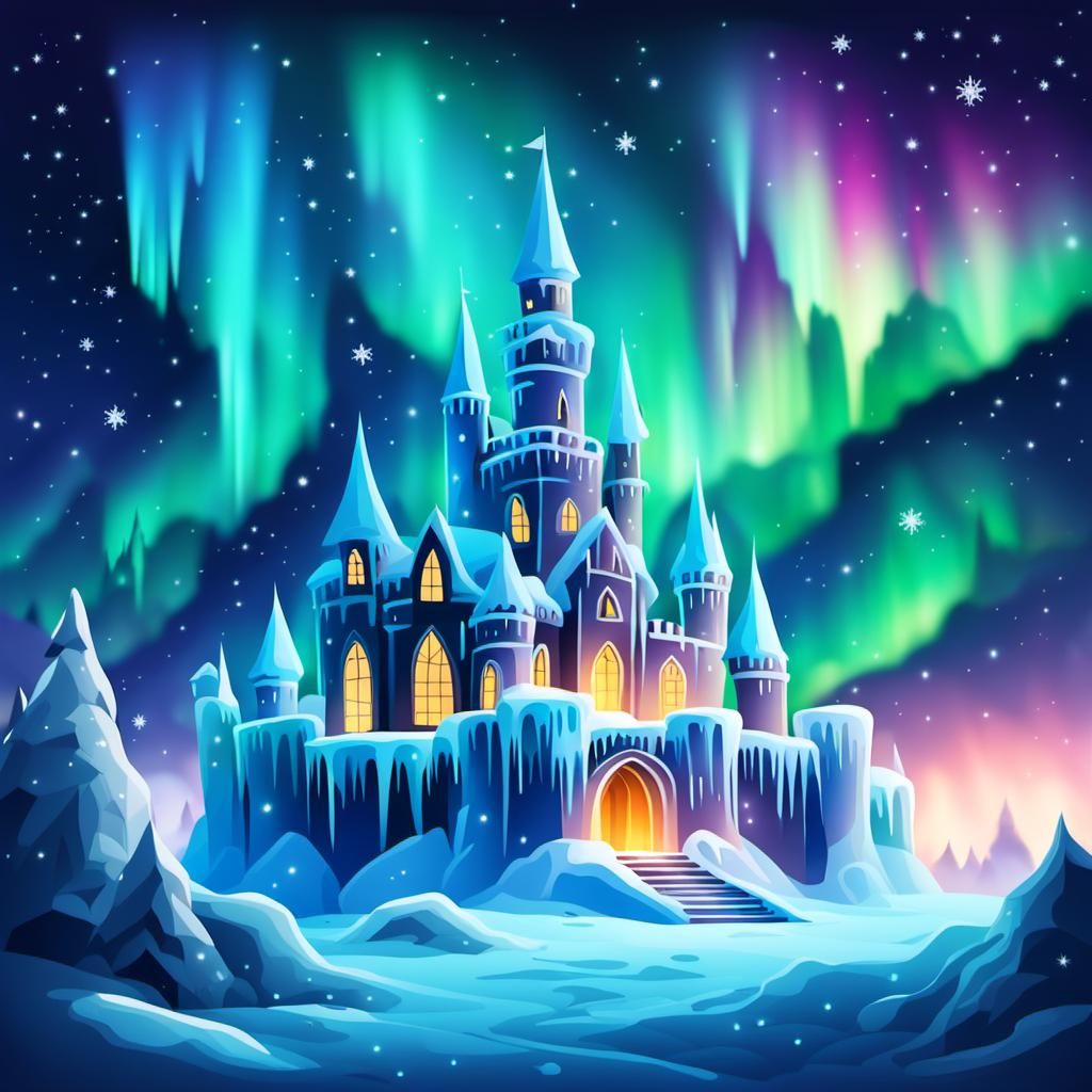Luminescent Ice Castle Under Northern Lights