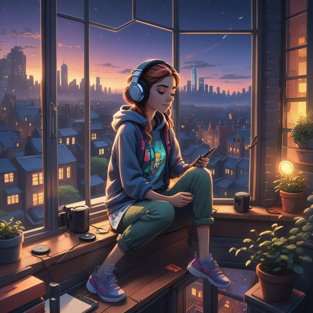 Lofi Girl Listening to Music at Twilight
