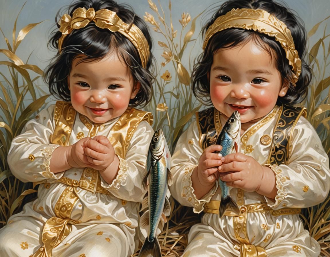 Newborn Baby Girls with Fish in Oil Painting Style