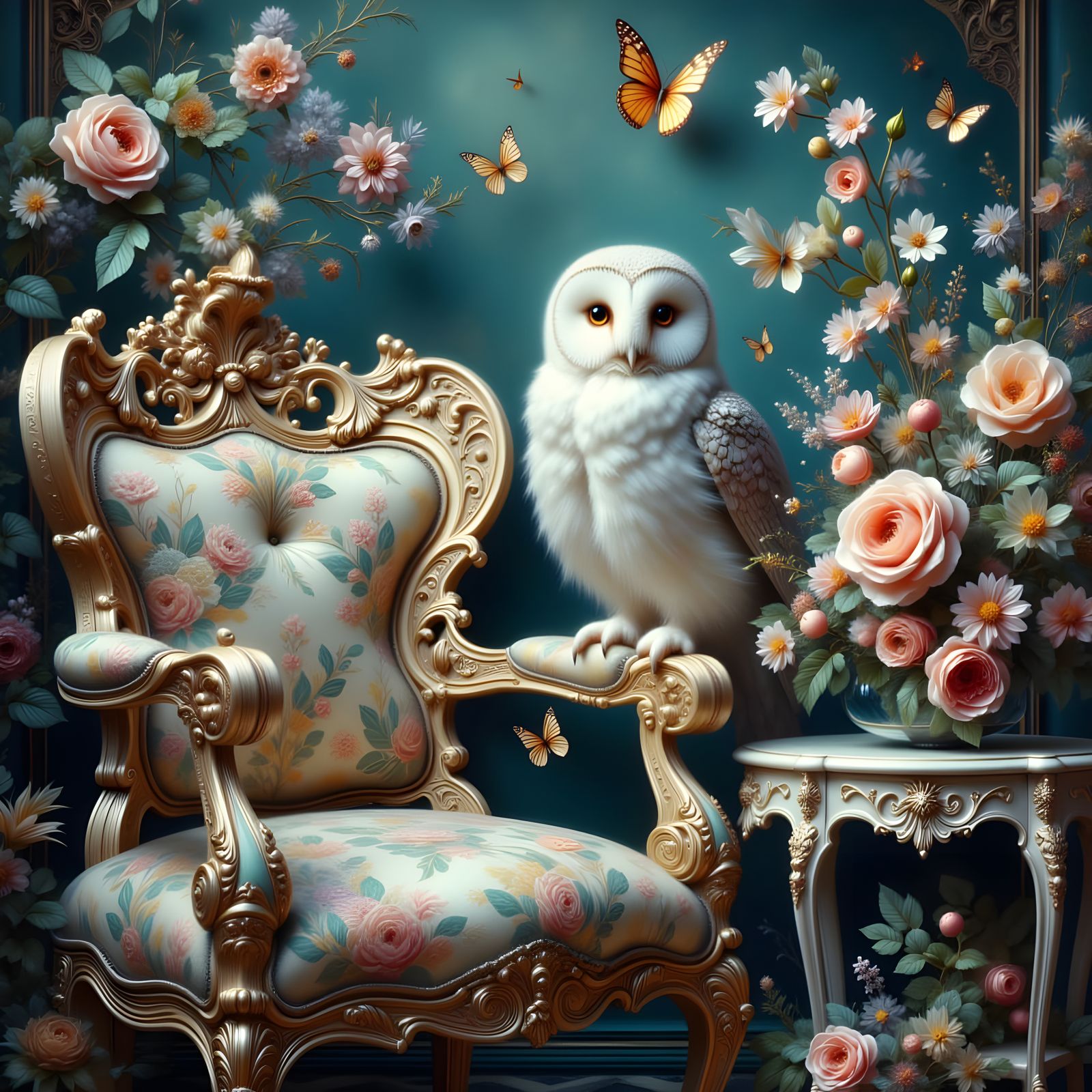 Snowy Owl with Butterflies in Luminist Style