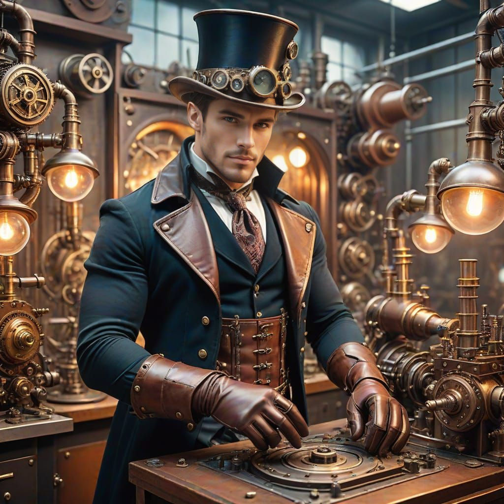 Inventor of Steampunk Marvels in a Futuristic Laboratory
