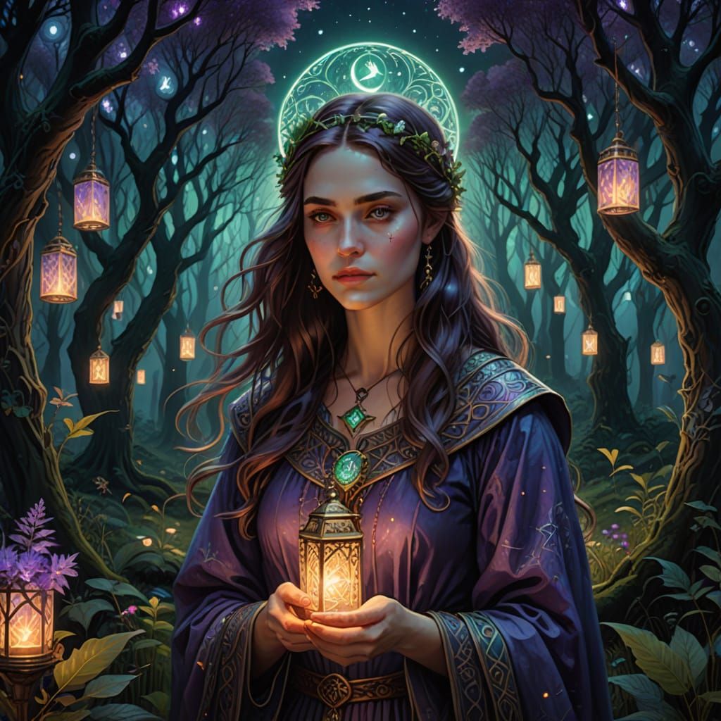 Young Woman in Mystical Forest Glade, Inspired by Pre-Raphae...