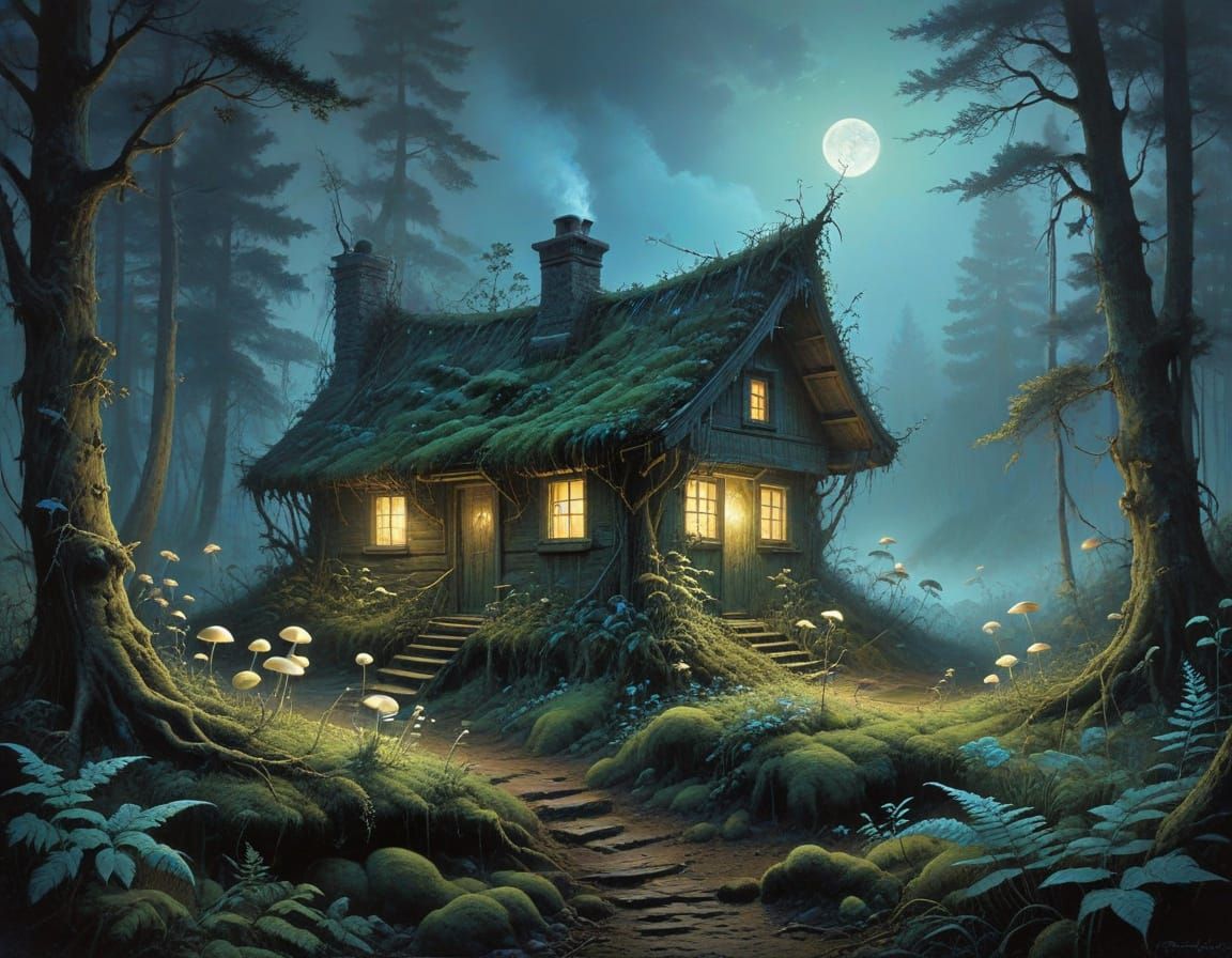 Mystical Forest Under Full Moon with Wooden Cabin