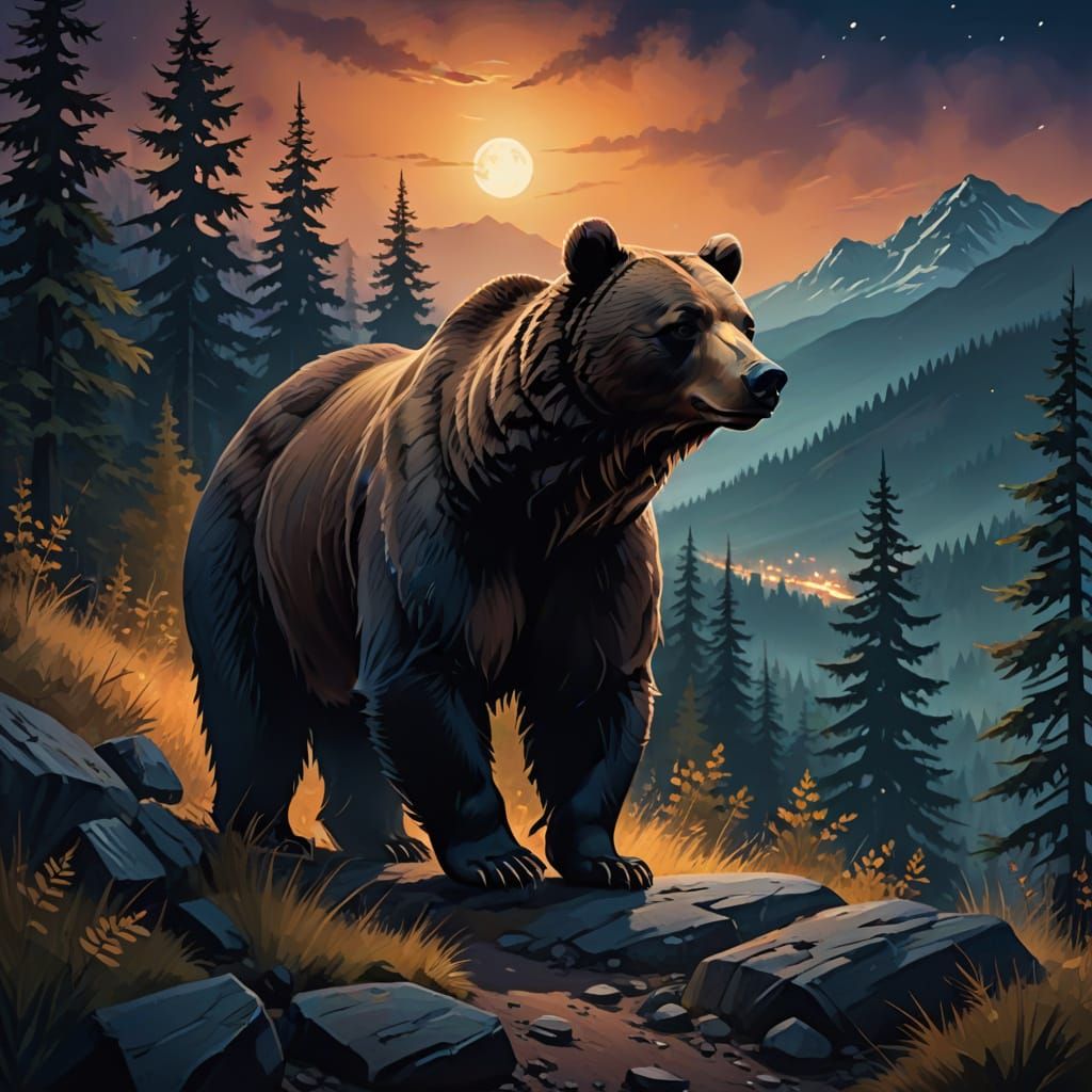 Bear Walks in Mountains at Night: Digital Oil Painting