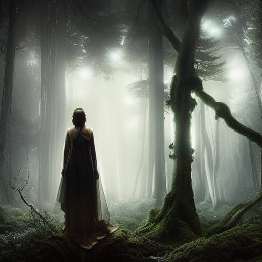 Woman in Dark Forest with Ethereal Lights