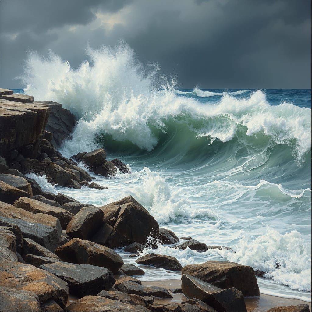 Stormy Sea in Fierce Turmoil, Grey-Blue Water Churning