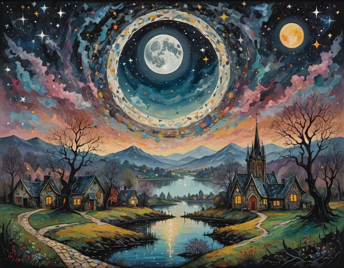 Fantasy Gothic Village Under Giant Moon, Pollock Style