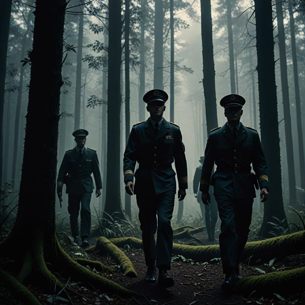 Sailors in Film Noir Forest, High Contrast Black and White