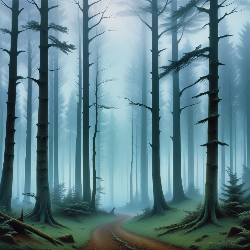 Misty Forest Landscape in Romanticist Style