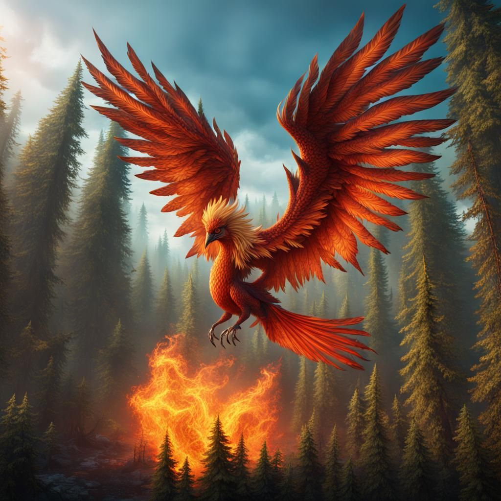 Fiery Bird Over Oregon Forest: Fantasy Concept Art