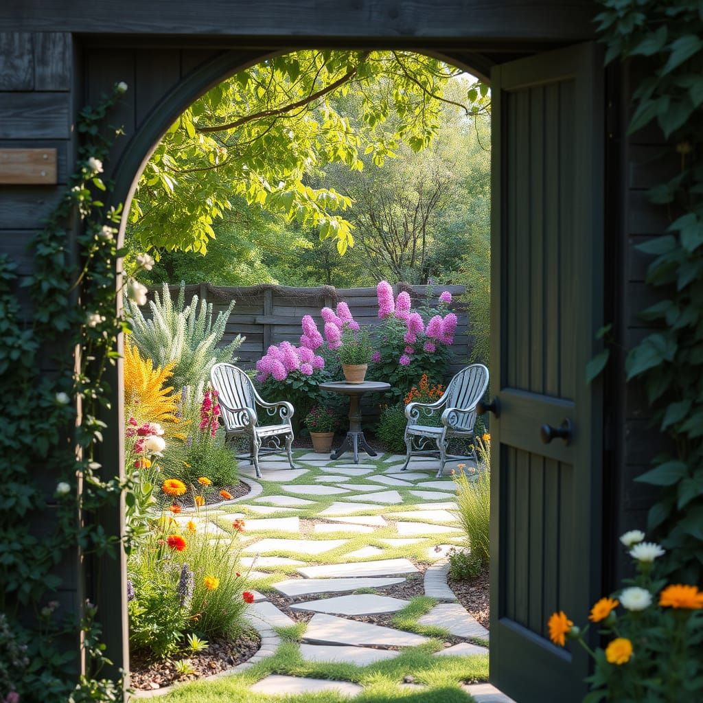 Garden Scene with Cozy Seating and Blooming Wildflowers