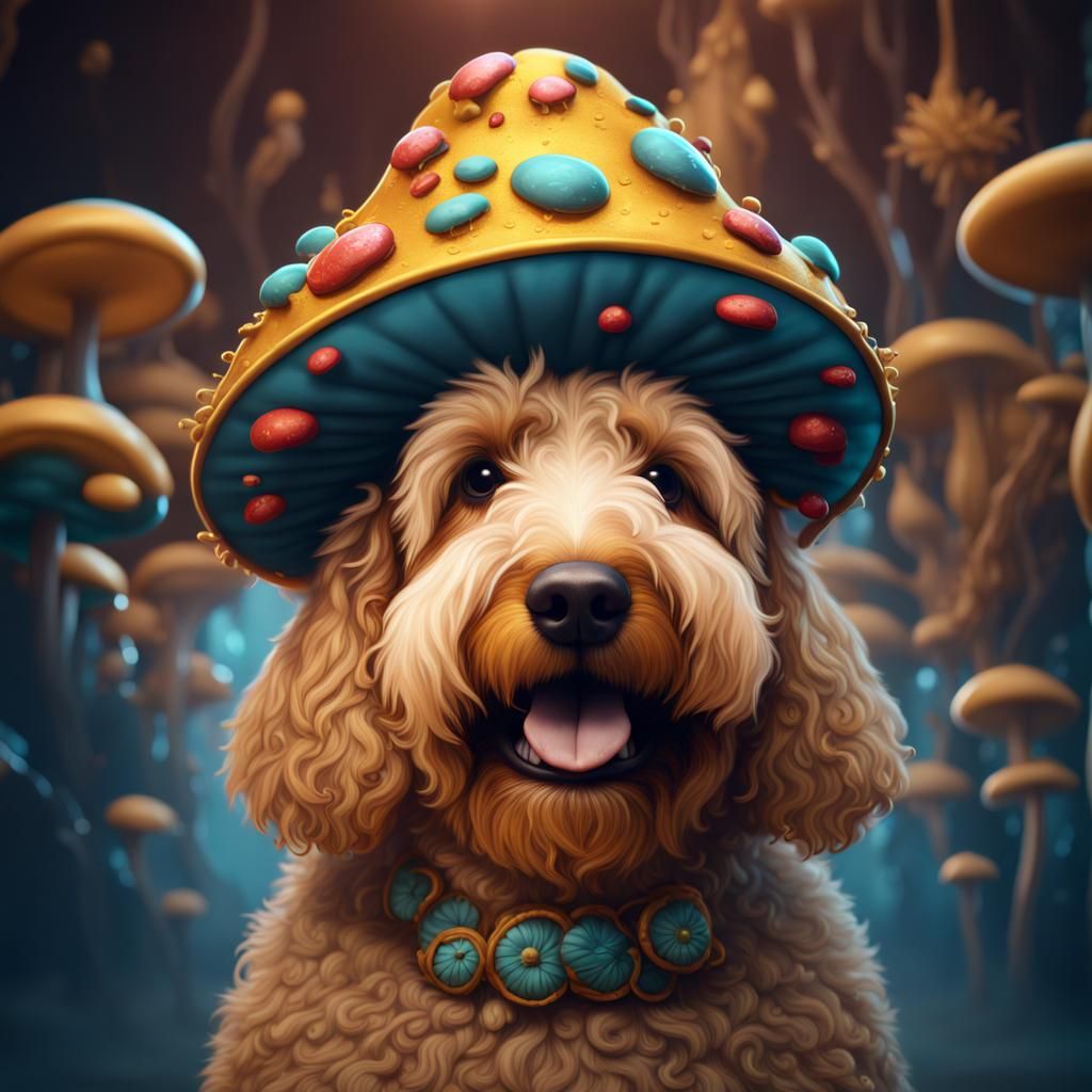 Golden Doodle in Mushroom Hat: Fantasy Concept Art