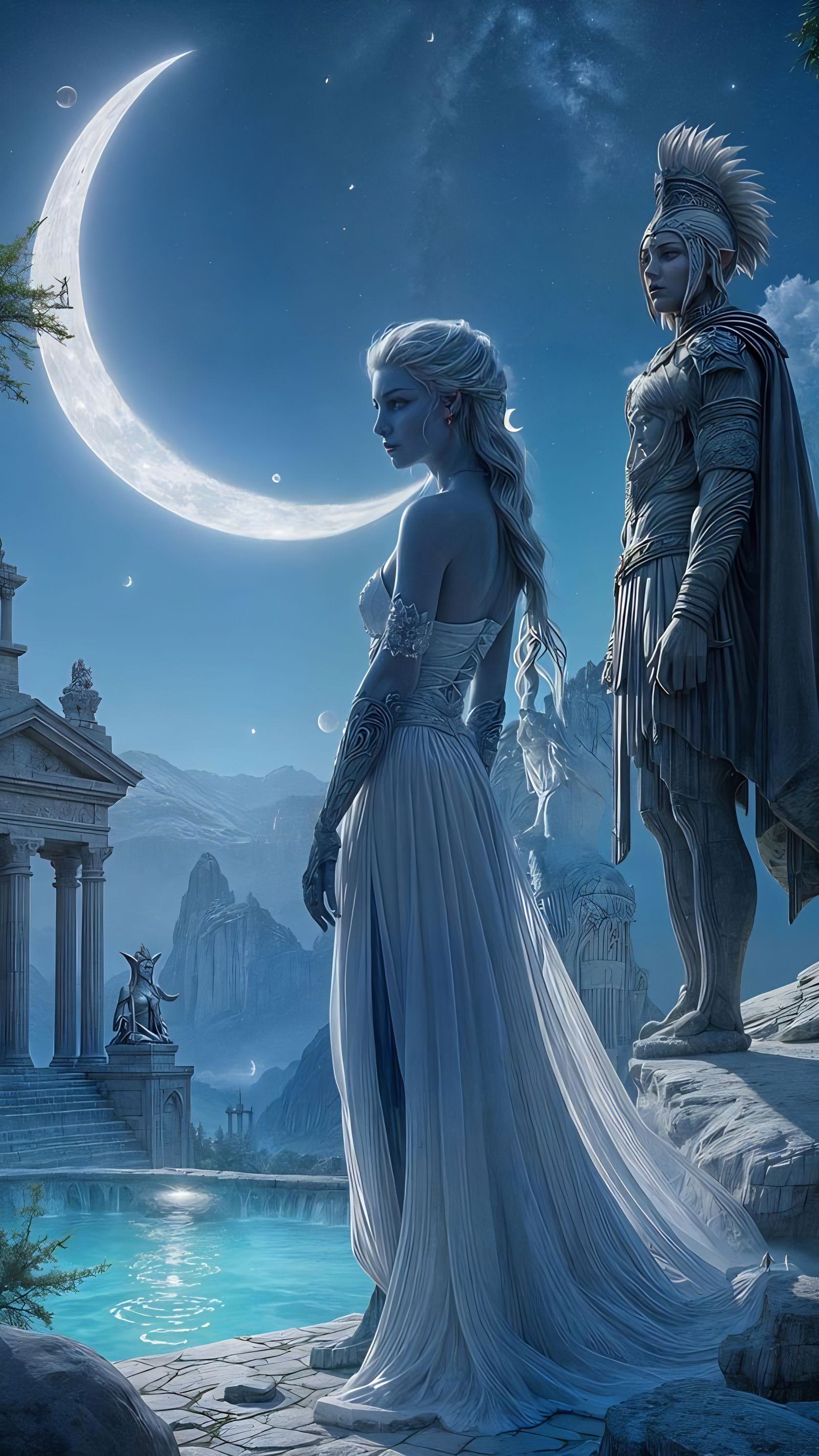 Ethereal Night Elf Priestess Under Moonlit Tuscan Temple