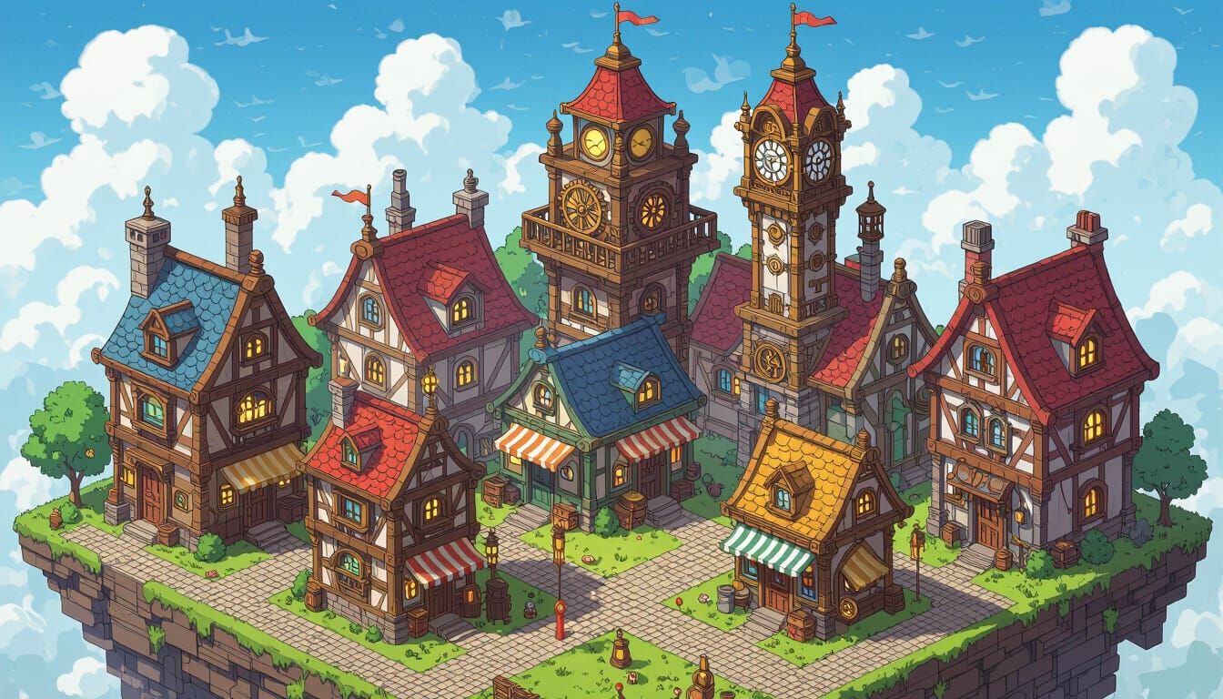 Steampunk Anime Cityscape in Isometric RPG Style