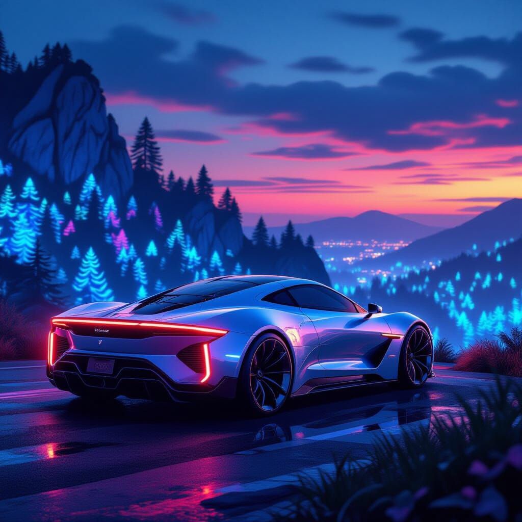 Futuristic Supercar Overlooking Bioluminescent Forest