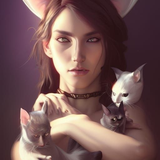 Enchanting Witch with Cat Portrait in Art Nouveau Style