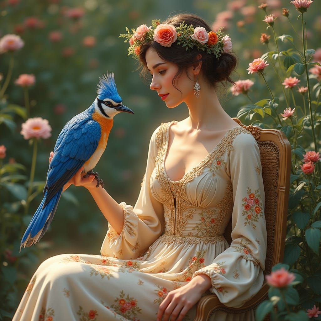 Elegant European Woman in Floral Robe, Surrounded by Luxurio...