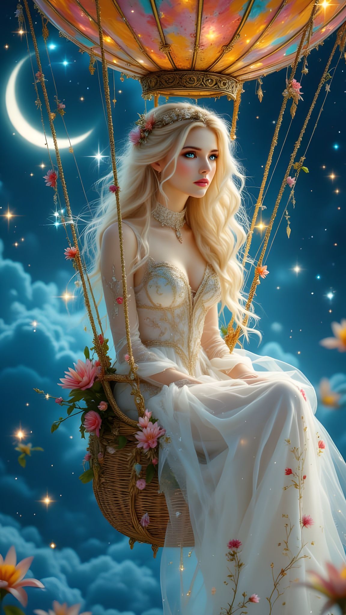 Woman in Air Balloon in Outer Space