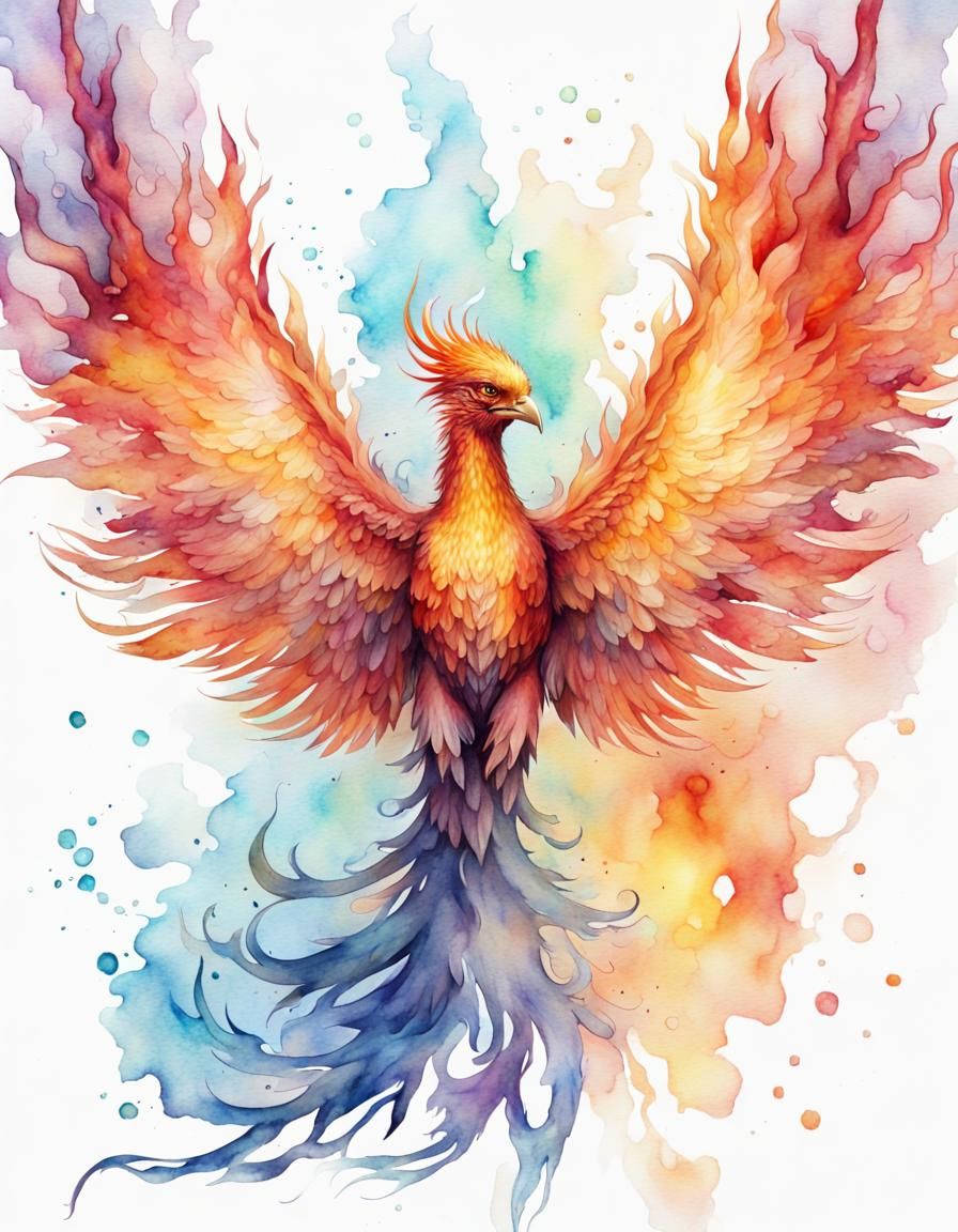 Flamed Phoenix Head in Watercolor Illustration Style