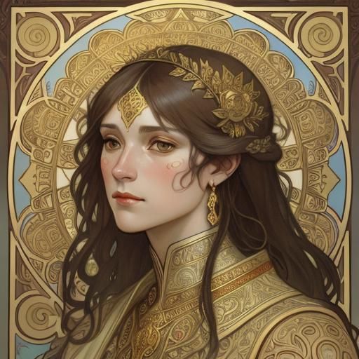Striking Portrait with Golden Filigree in Art Nouveau Style