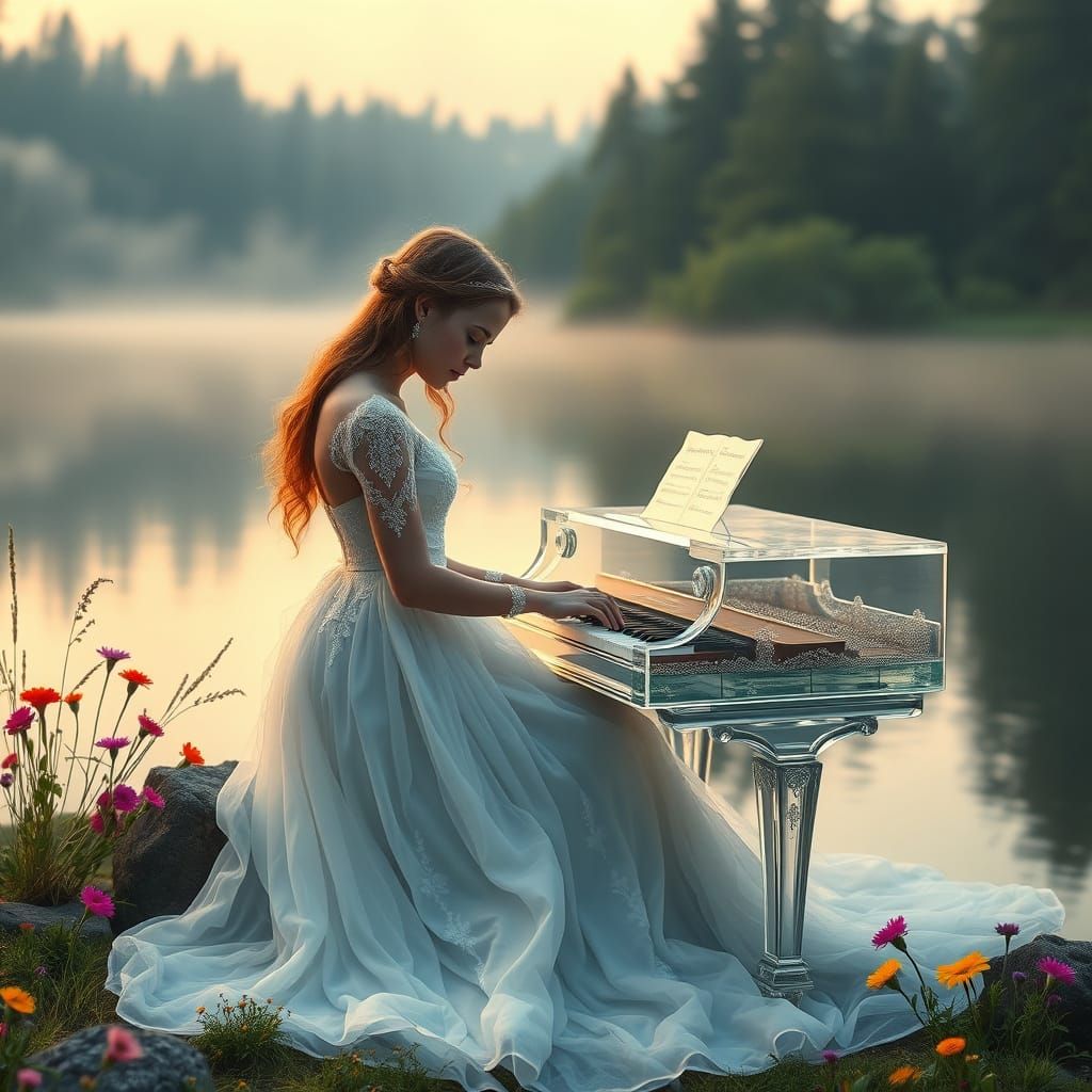 Girl Plays Glass Piano on Misty Lake, Ethereal Art