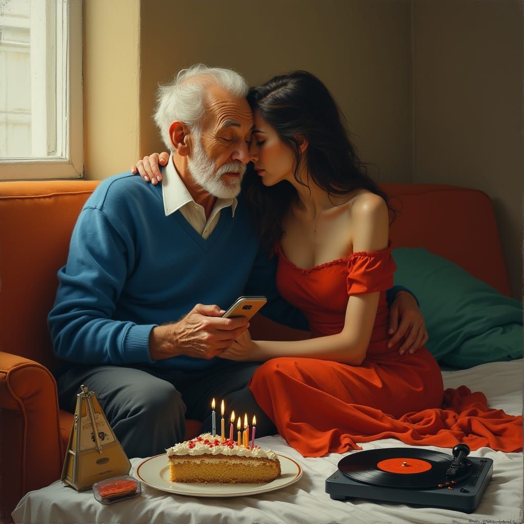 Elderly Man's Intimate Moment with Young Woman in Warmly Lit...