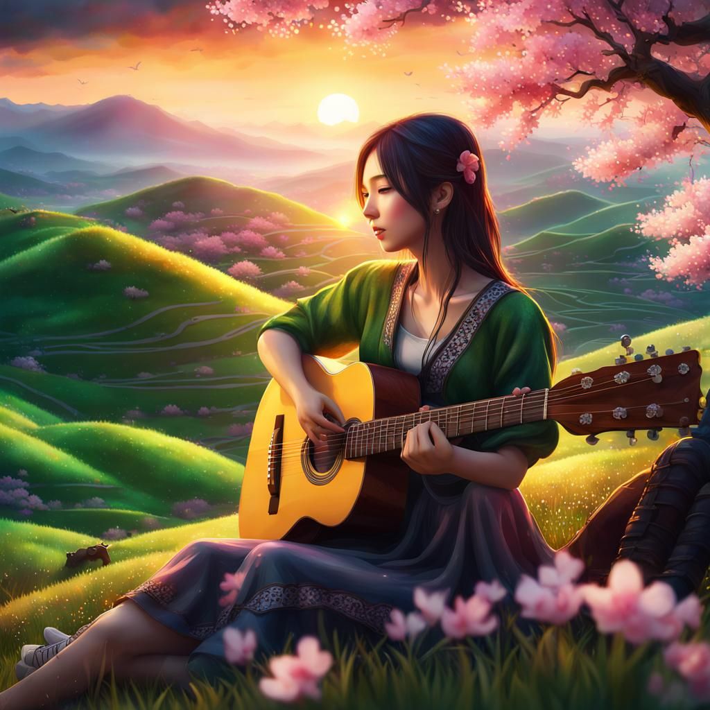 Watercolor Girl with Guitar at Sunset