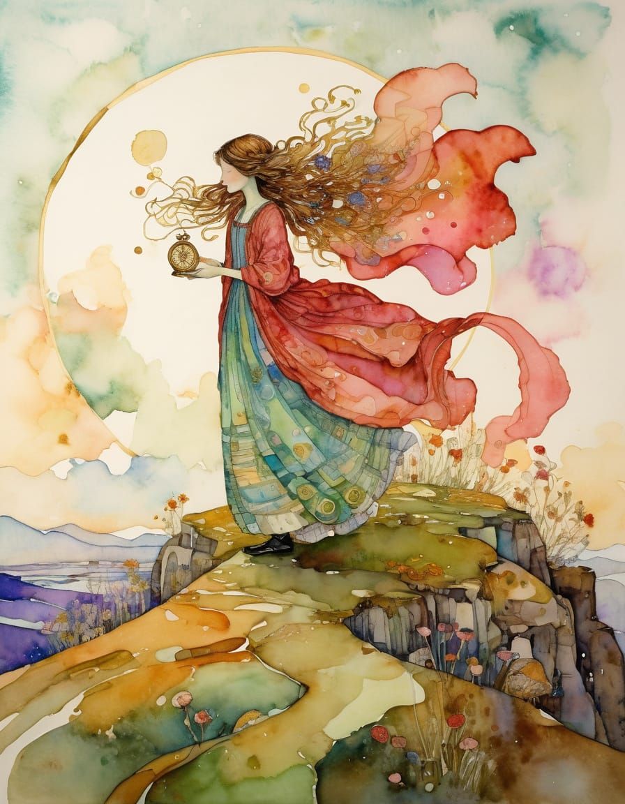 Whimsical Woman with Compass on Floating Island in Watercolo...