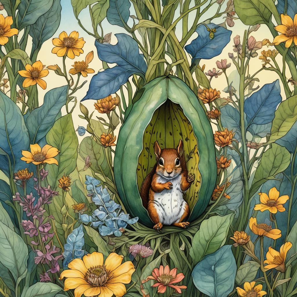 Squirrel, Toad, and Gecko in Milkweed Beanpod Watercolor