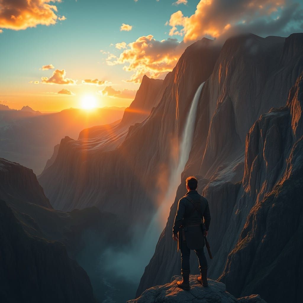 Man Standing at Sunset Amidst Majestic Mountains and Waterfa...